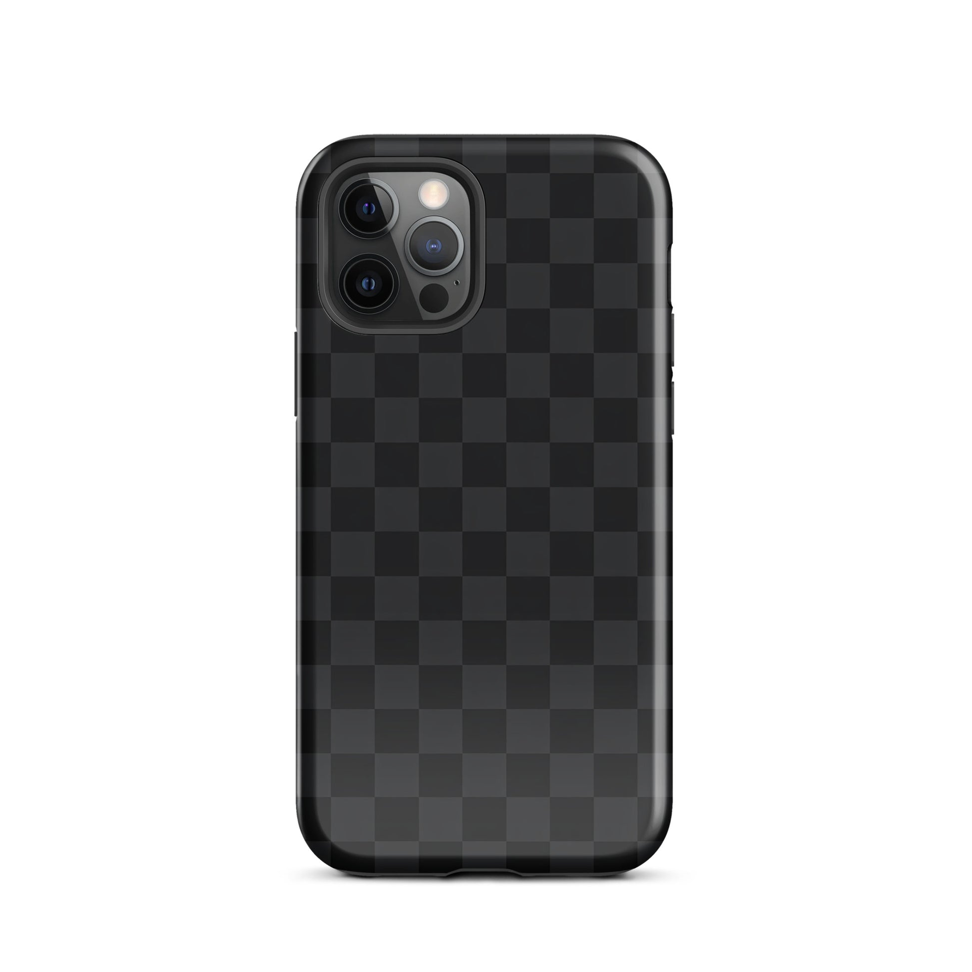 Phone Case for iPhone in black and charcoal checkered design, modern minimalist style for sophistication and protection.
