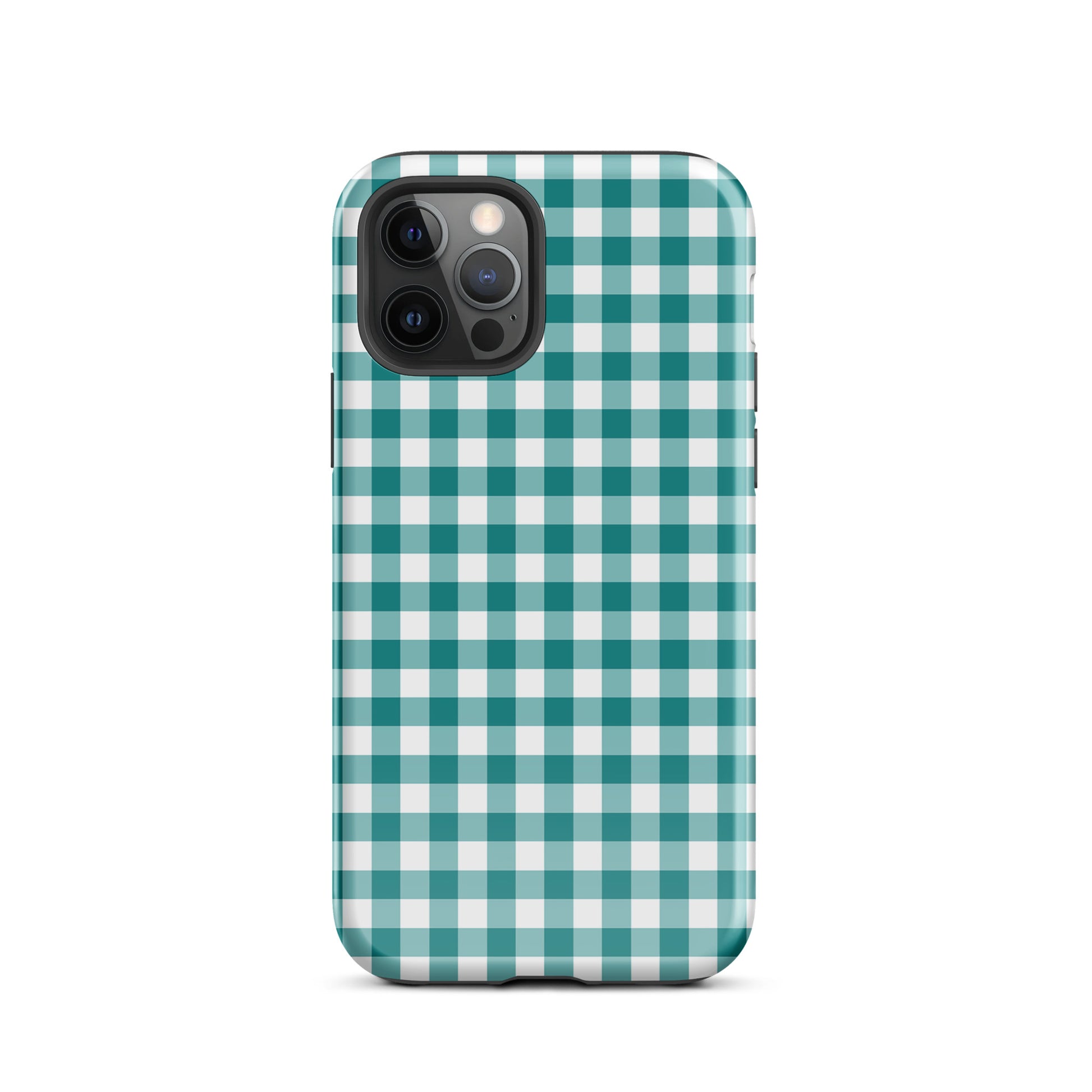 Phone Case with teal and white gingham pattern for iPhone, combining charming style and durable protection.