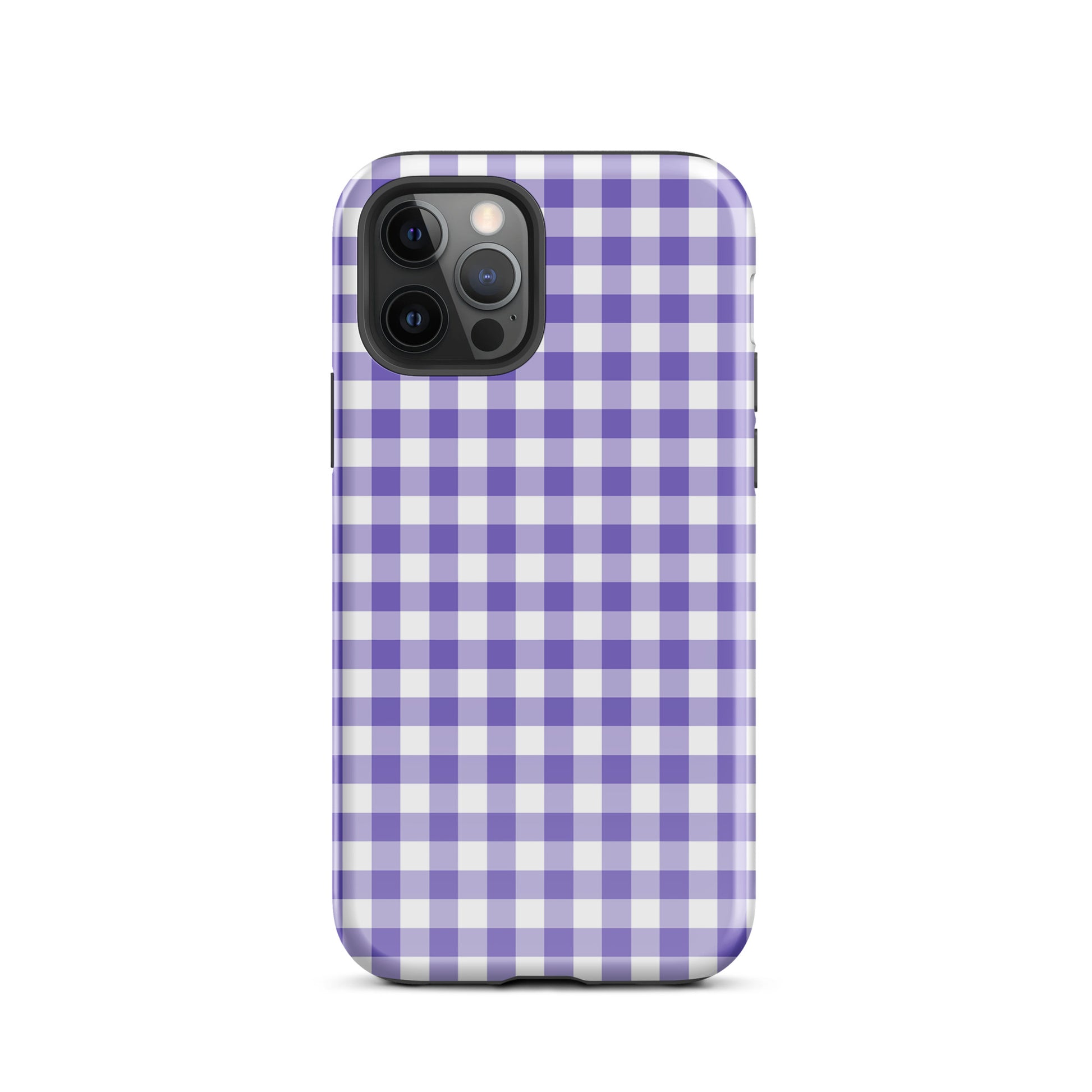 Phone Case in purple-and-white gingham pattern for stylish iPhone protection and chic accessory appeal.