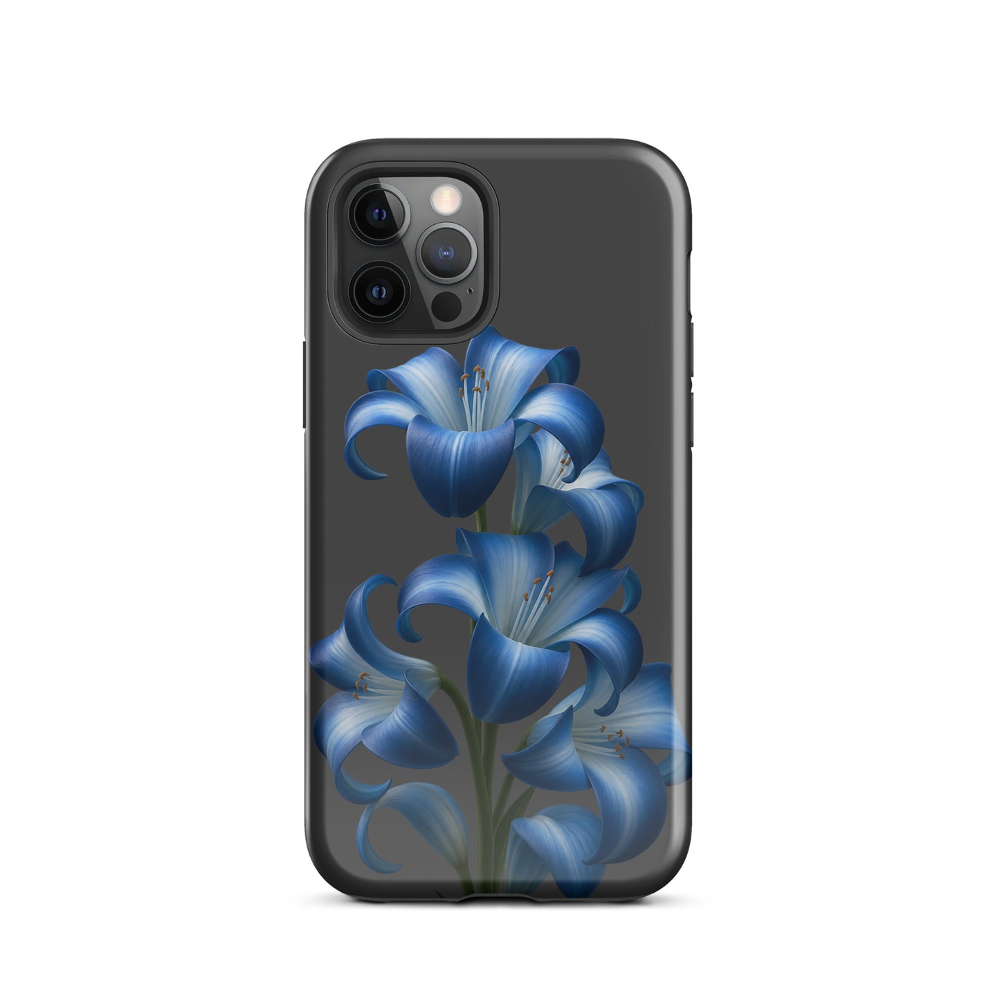 Phone Case with blue lily bloom art for iPhone, featuring a tough dual-layer build and stylish floral design on a sleek dark backdrop.