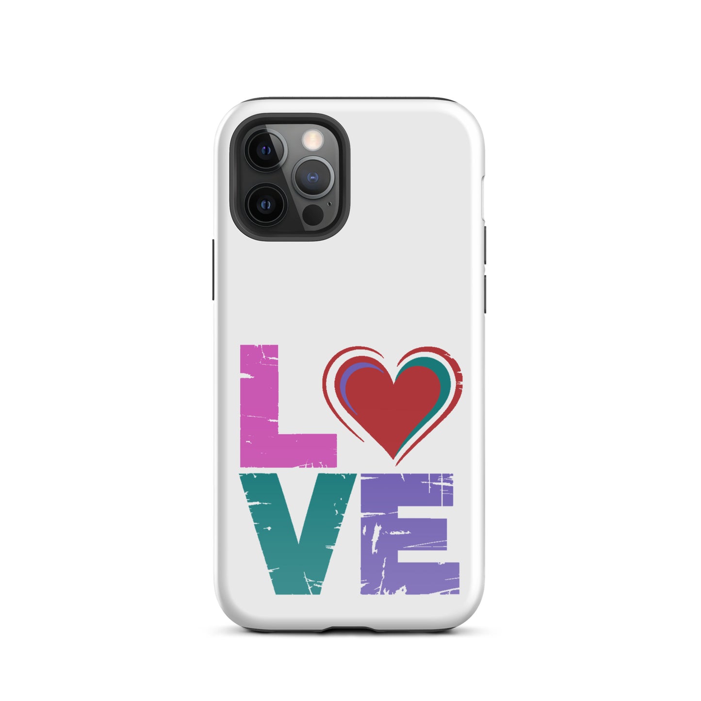 Love Dual Layer Tough Case for iPhones with colorful 'LOVE' design and heart-shaped 'O' on white background.