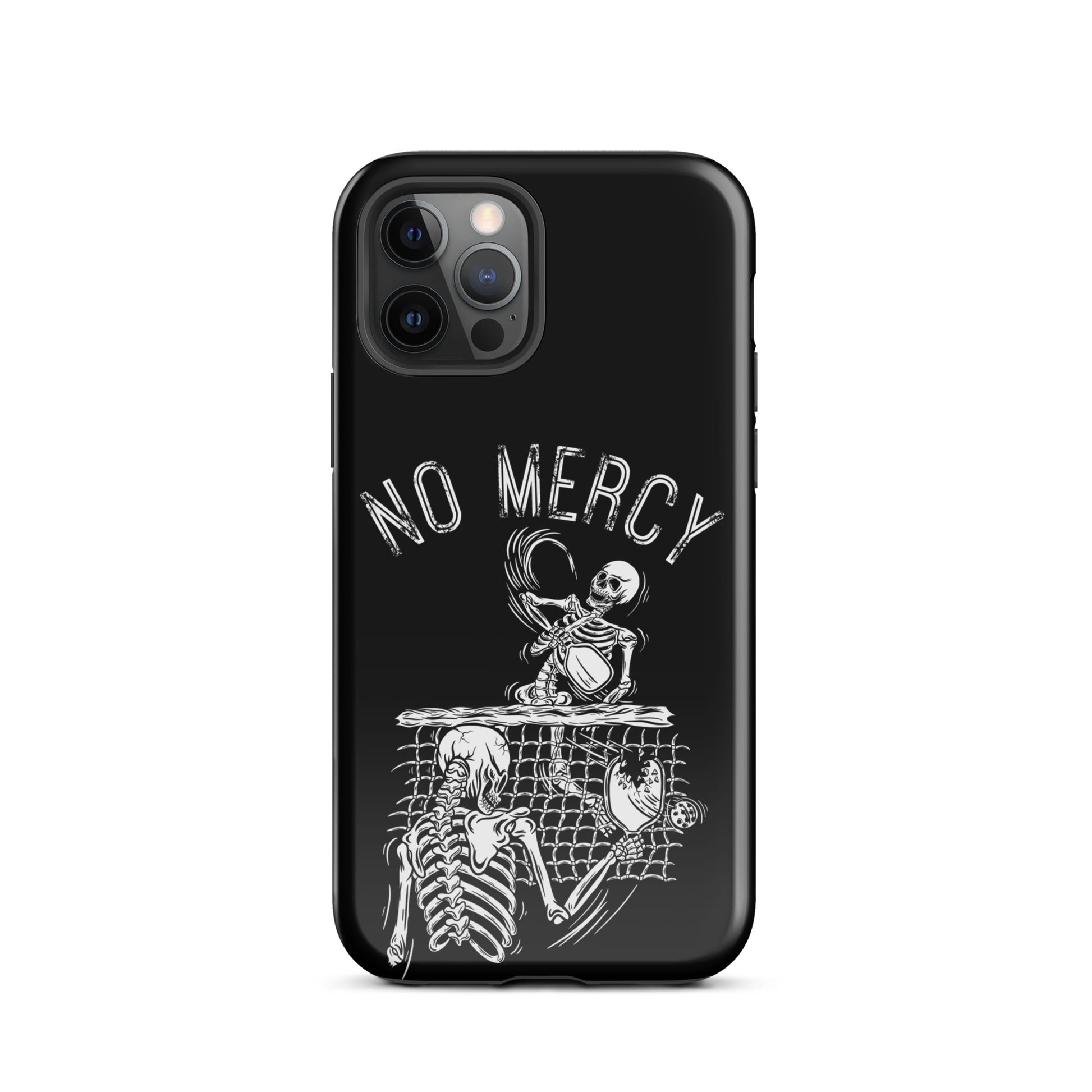 Pickleball iPhone case with 'No Mercy' skeleton design, protective and stylish for aggressive players.