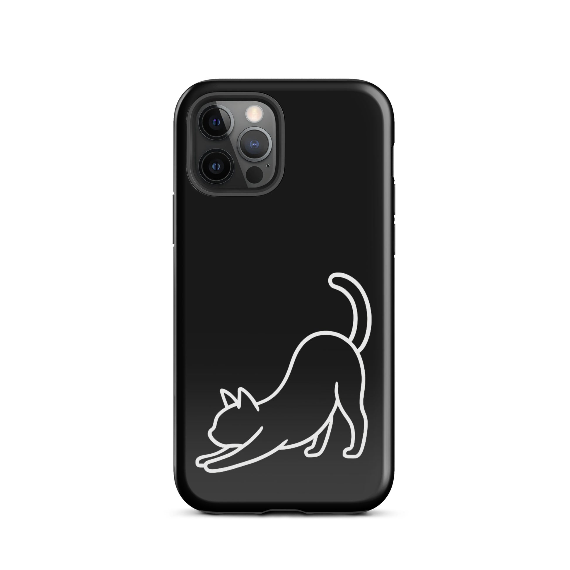 Phone Case for iPhone with a minimalist stretching cat design on a sleek black background, providing both style and impact protection.