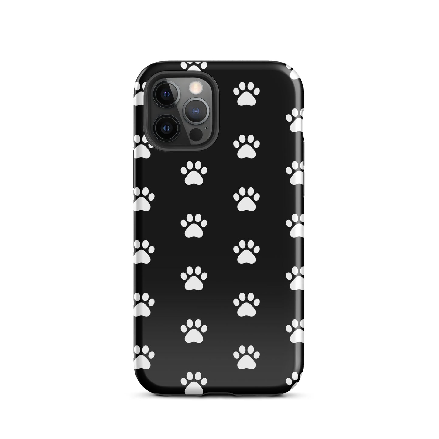 Phone Case with stylish paw print design for iPhone, perfect for pet lovers featuring minimalist cat and dog paw icons on black background.