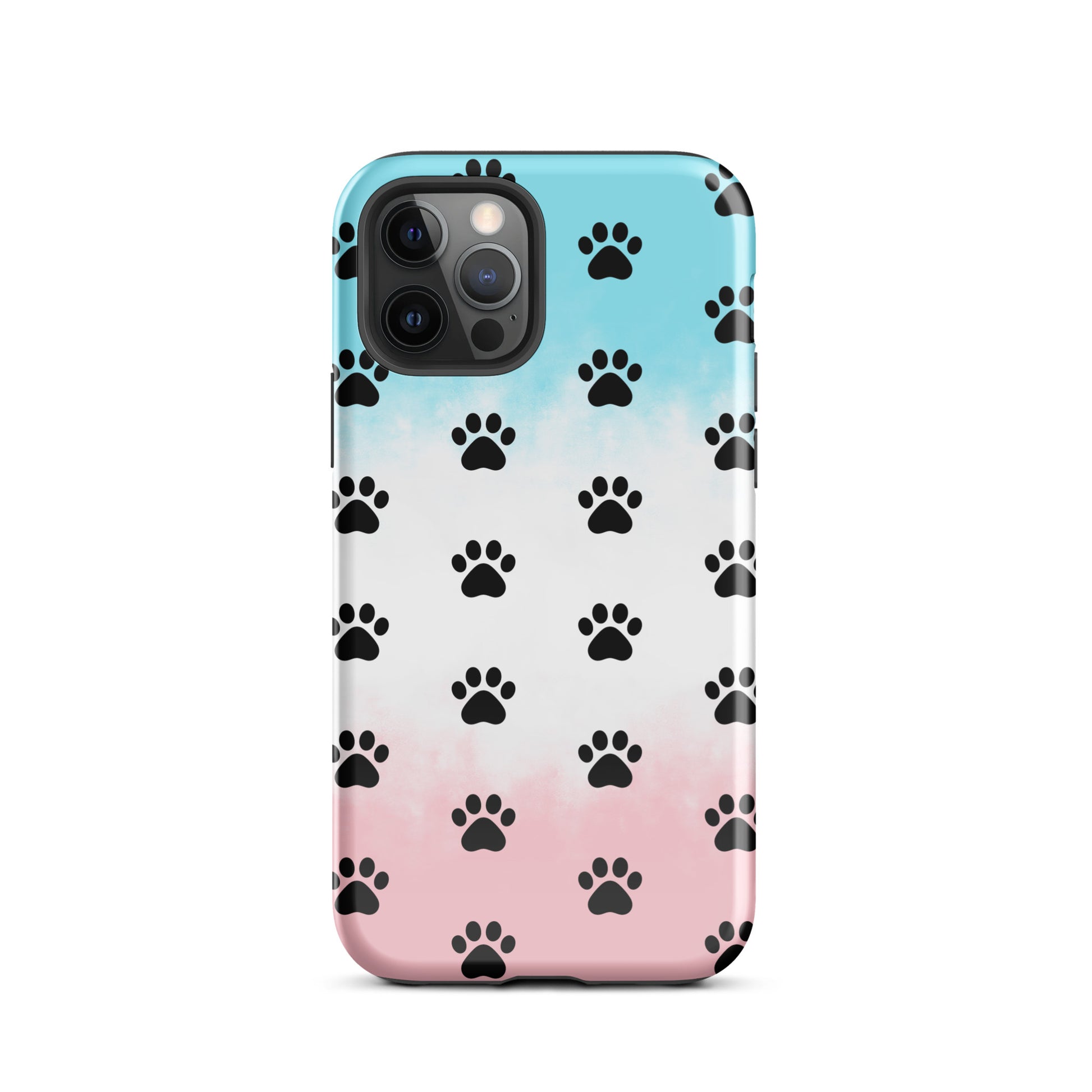 Phone Case for iPhone with black paw print pattern on transparent gradient background, perfect for pet lovers, showcasing minimalist style.