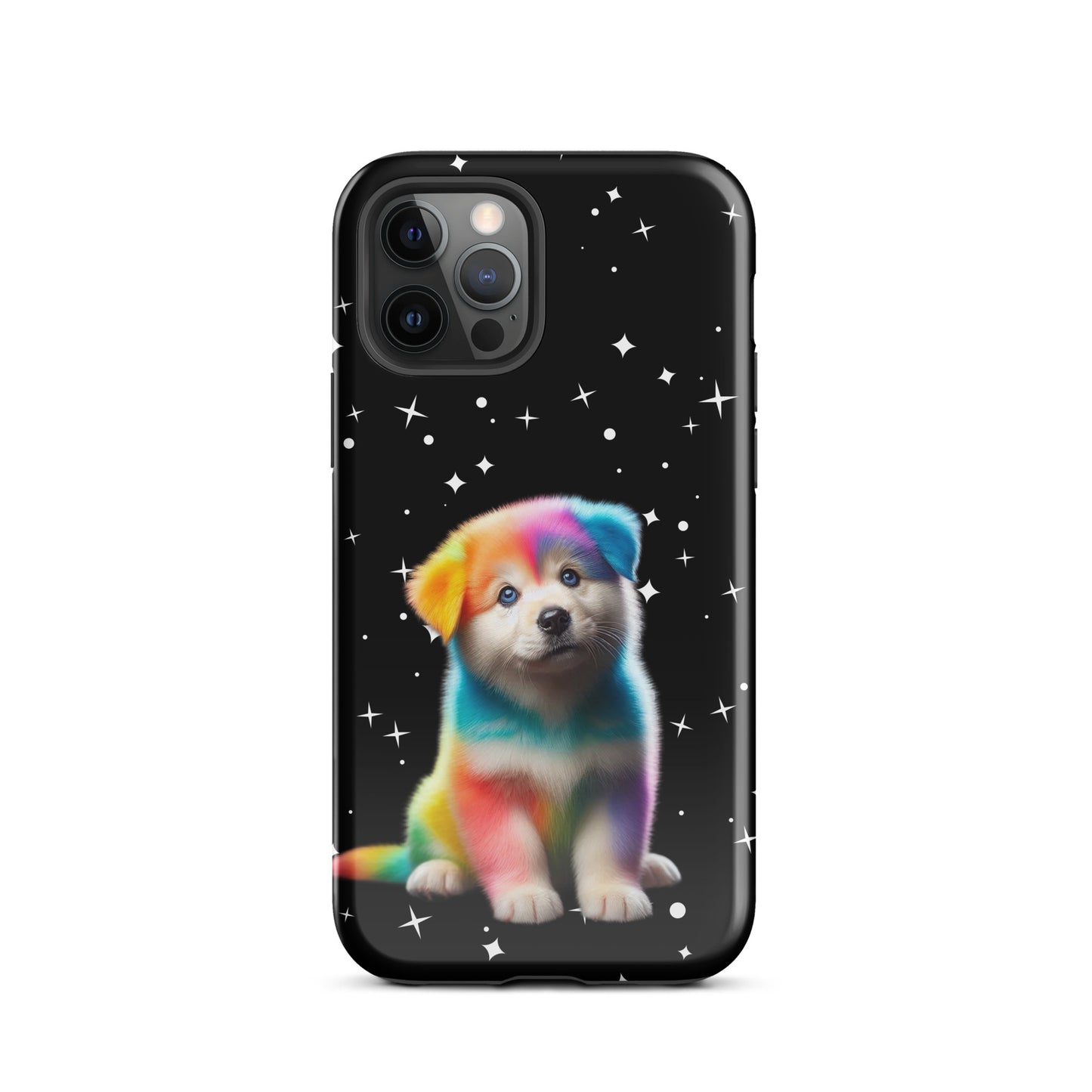Phone Case with rainbow puppy and starry night design for iPhone, combining cosmic sparkle and vibrant colors for device protection.