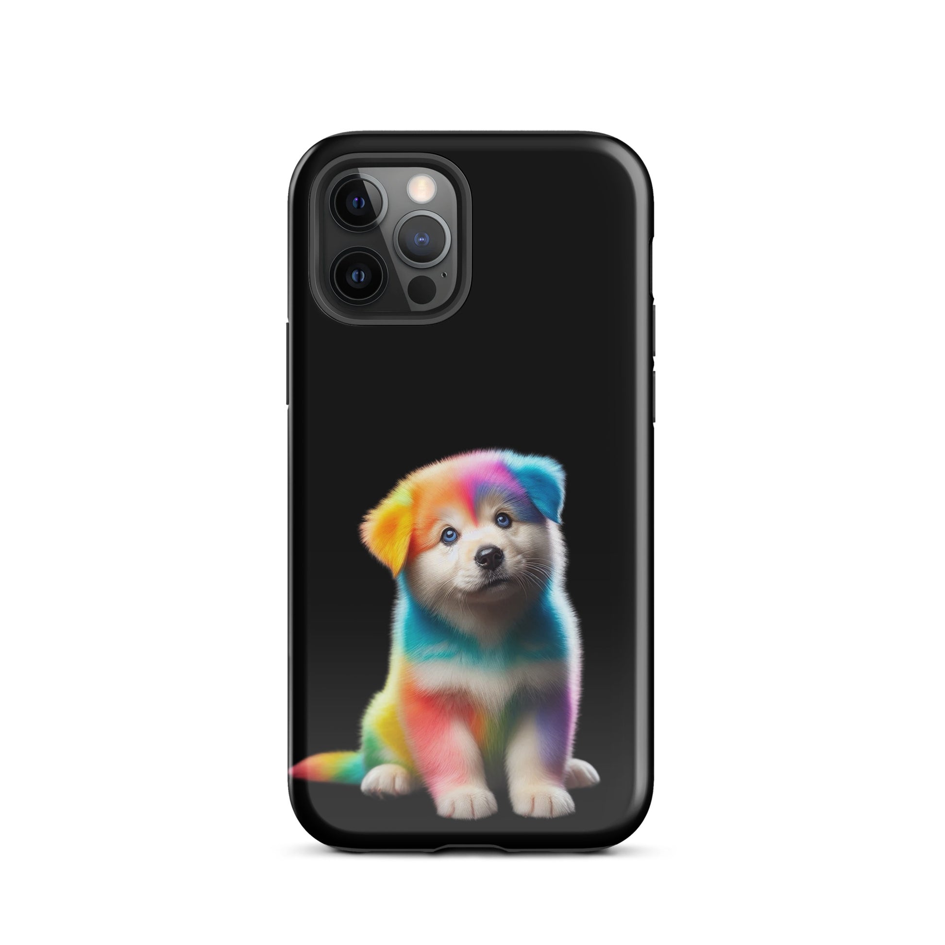 Phone Case featuring rainbow puppy design on a dark night sky background, perfect for iPhone users who love colorful accessories.