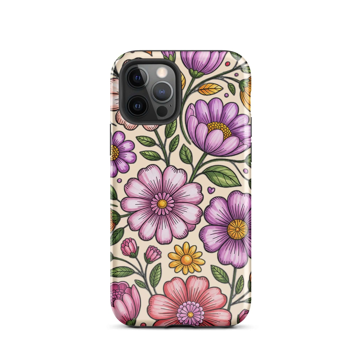 Phone Case for iPhone with pastel floral design featuring pink, peach, lavender, and yellow flowers on a durable polycarbonate shell.