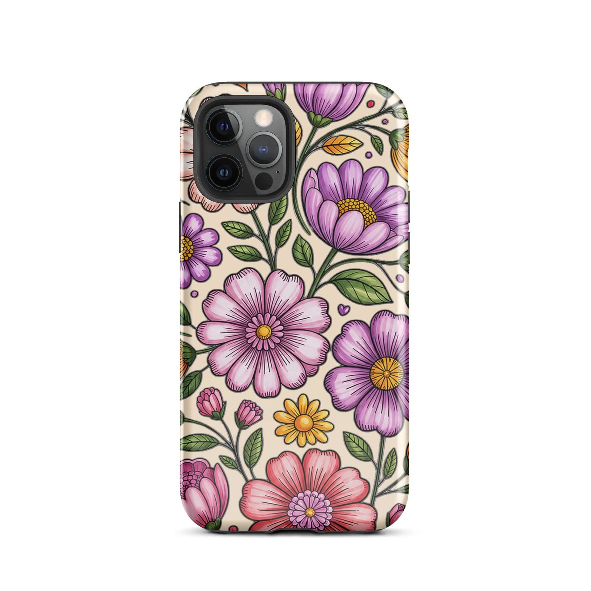 Phone Case for iPhone with pastel floral design featuring pink, peach, lavender, and yellow flowers on a durable polycarbonate shell.
