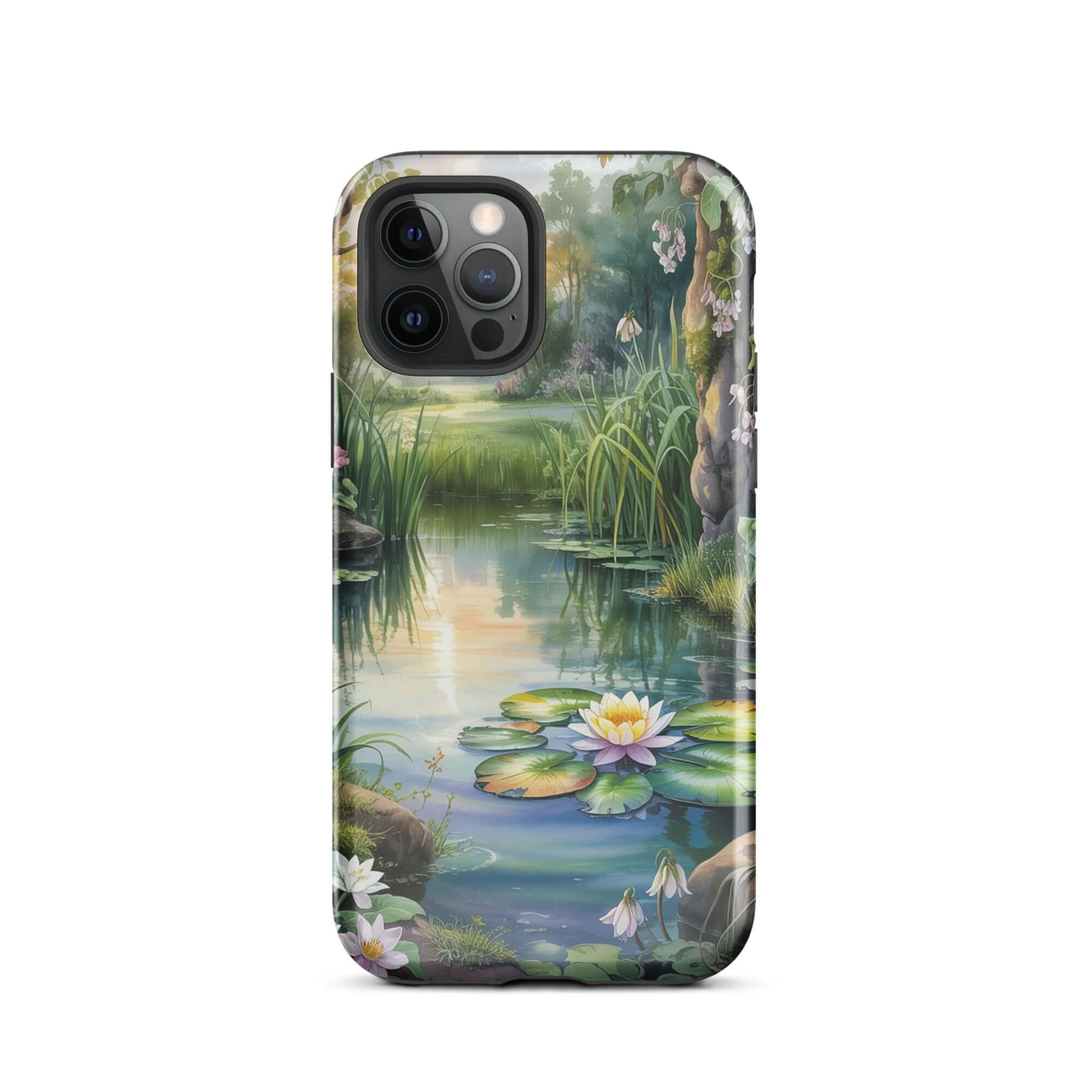 Phone Case for iPhone with enchanted pond design featuring lily pads and sunset reflections, a storybook charm for your device.