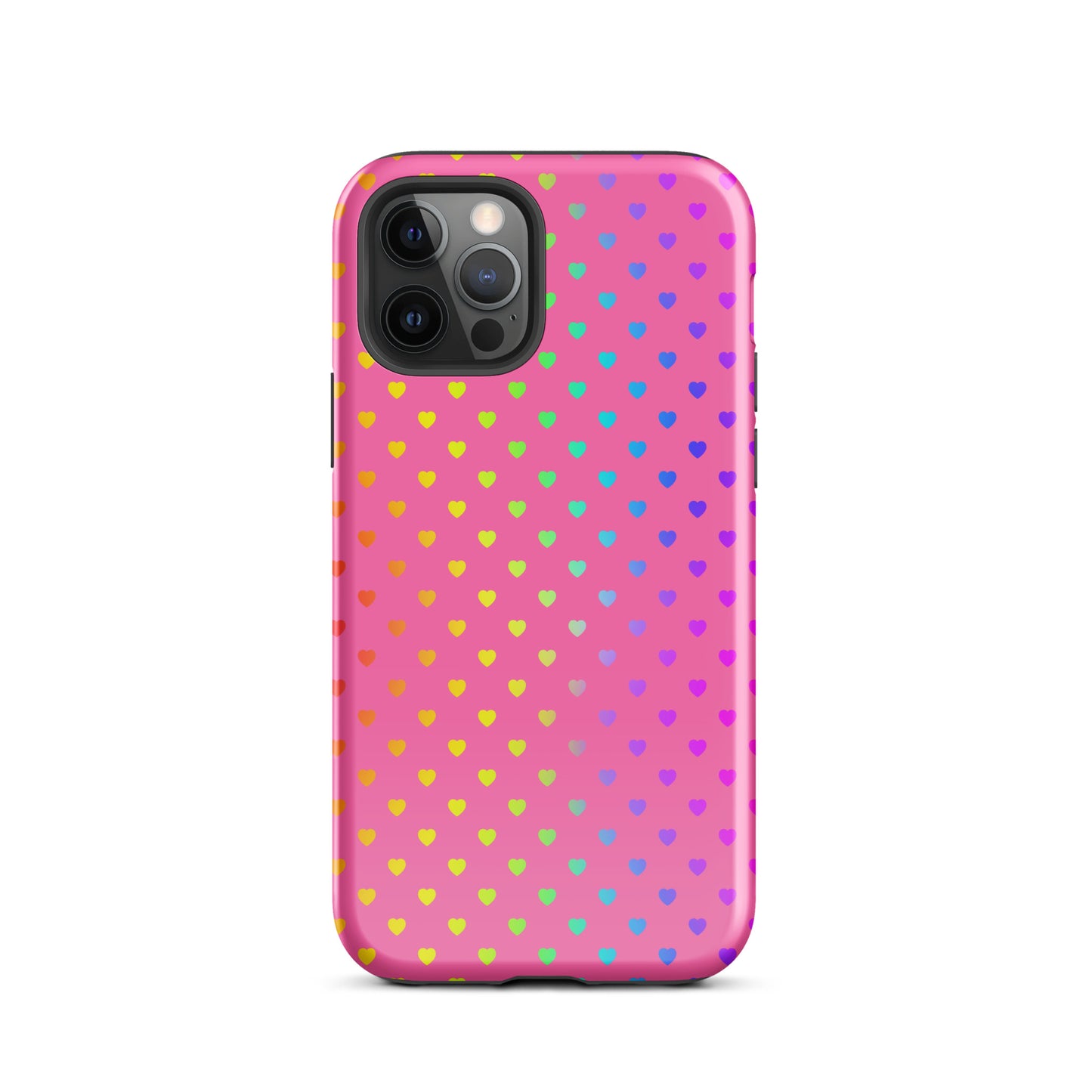 Phone Case for iPhone with cute rainbow heart design on pink background, offering a cheerful and protective cover for your device.
