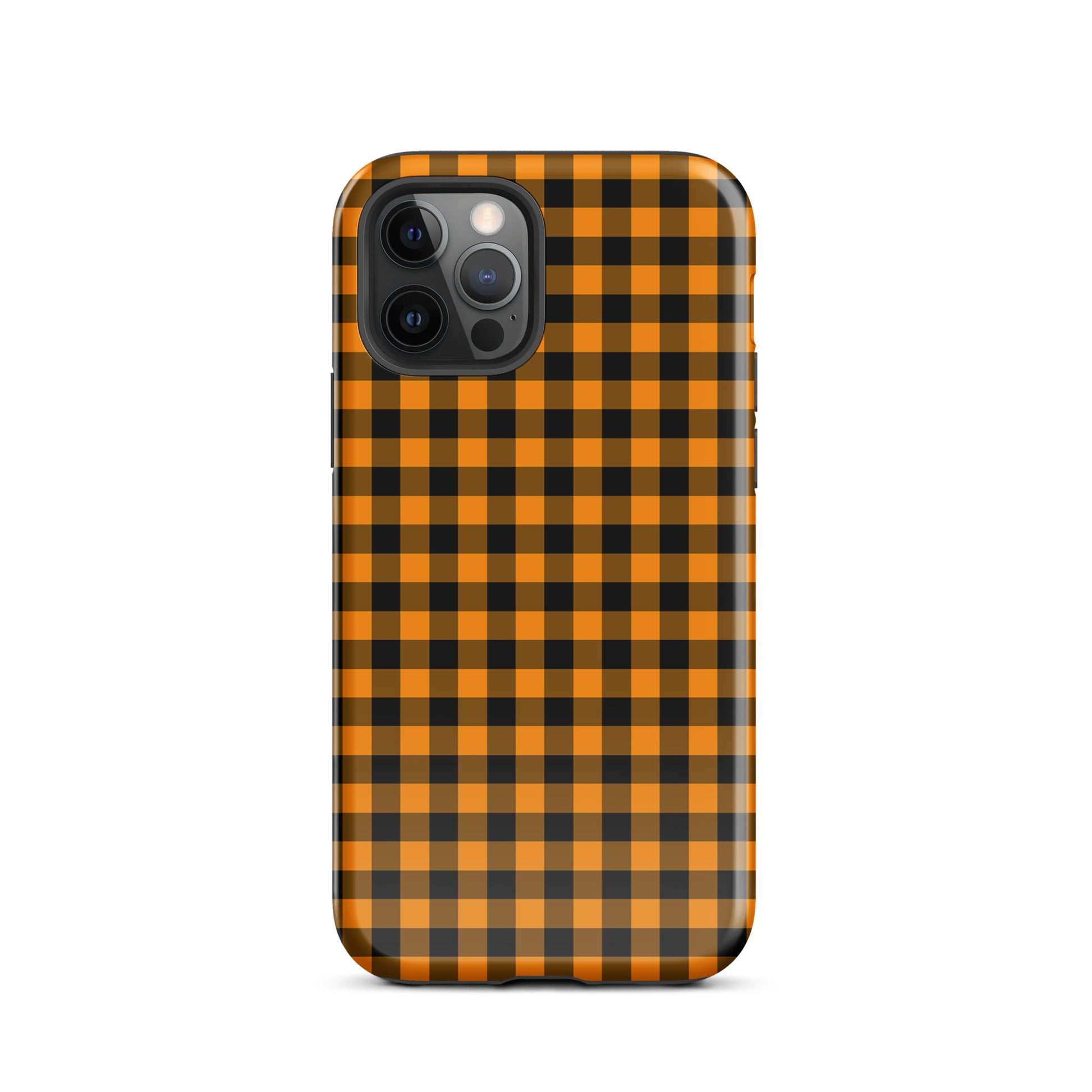 Black-and-orange gingham phone case for iPhone with autumn theme, stylish and durable accessory, enhances device elegance.