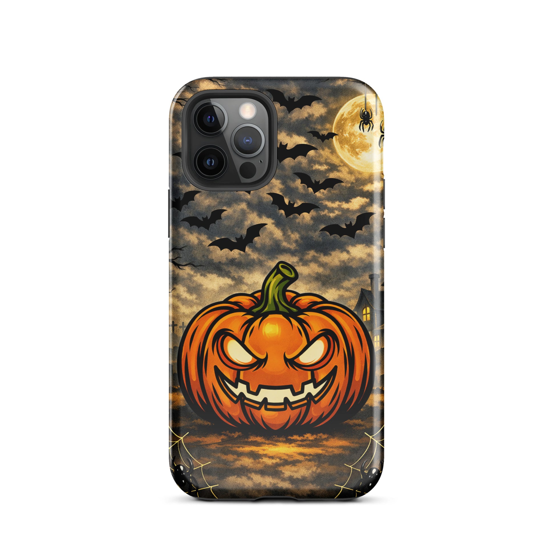 Phone Case for iPhone with Haunted Pumpkin and Moonlit Halloween Scene featuring bats and a spooky haunted house.
