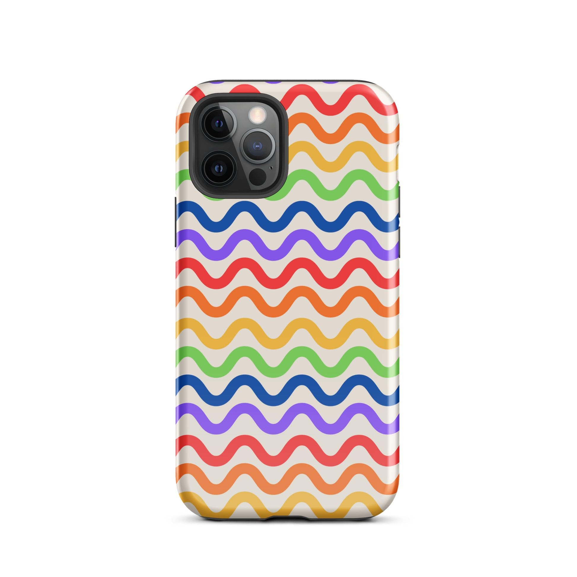 Phone Case for iPhone with wavy rainbow pattern blending colorful lines for a playful yet tough design on white background.