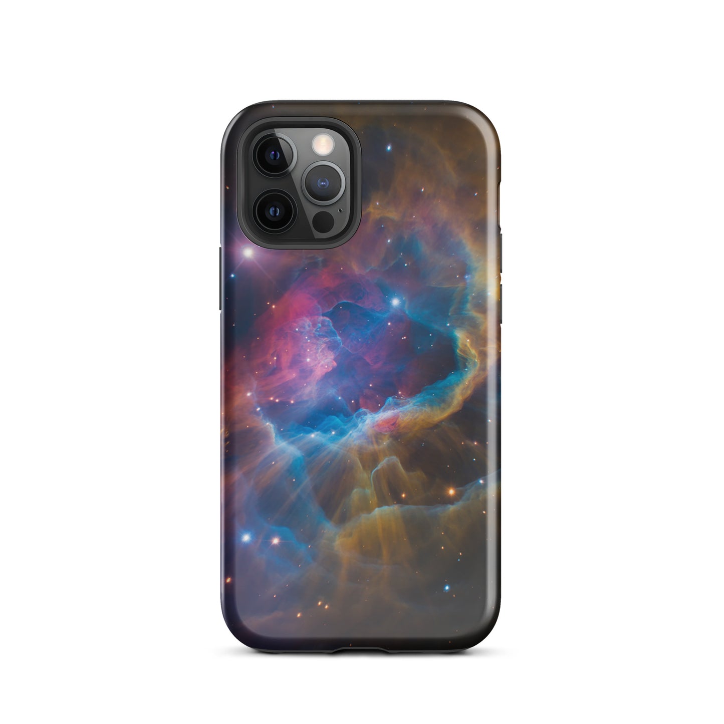 Nebula Cosmic Dreamscape Starburst Edition Phone Case for iPhone with swirling colors of blue, orange, and pink.