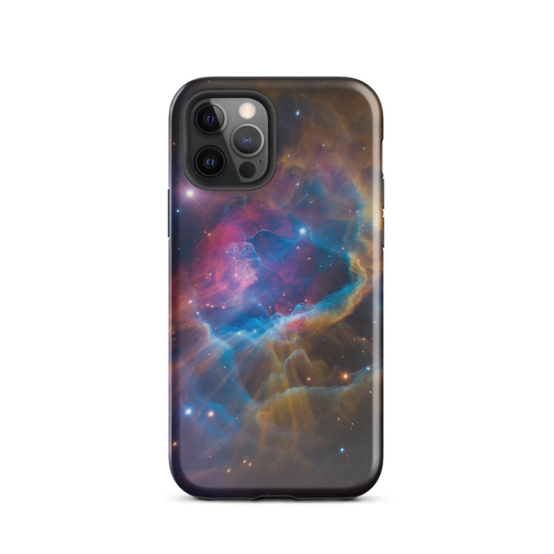 Nebula Cosmic Dreamscape Starburst Edition Phone Case for iPhone with swirling colors of blue, orange, and pink.