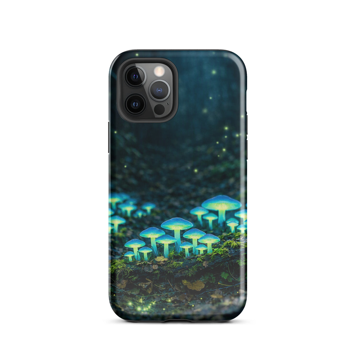Phone Case featuring glowing forest mushrooms with blue-green bioluminescent design, perfect for iPhone. Dreamy woodland scene.