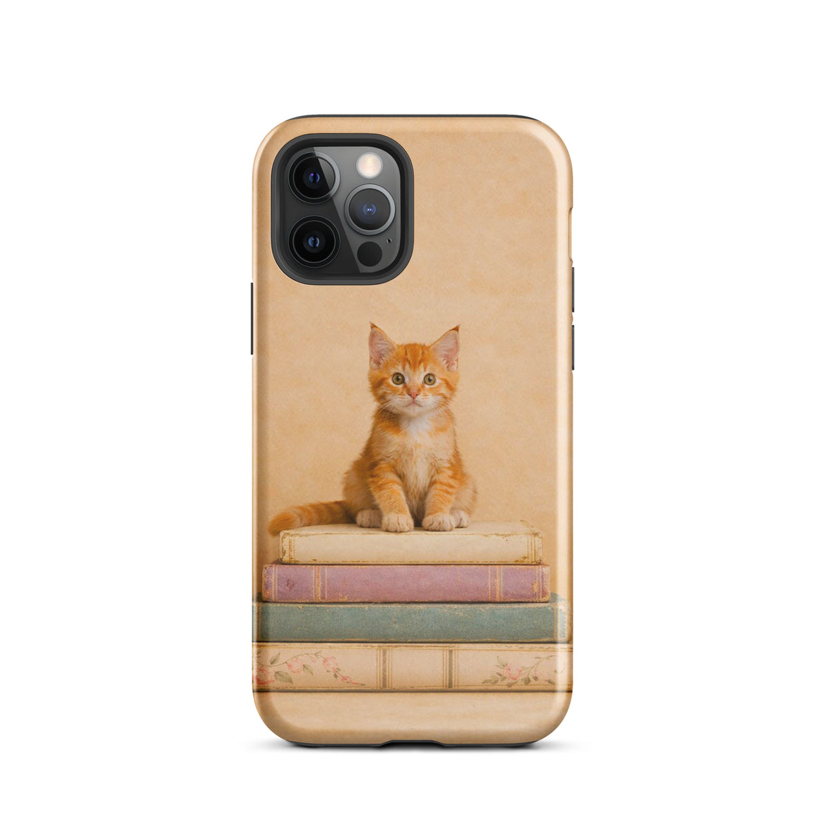 Phone Case with orange kitten sitting on vintage books design for iPhone, cozy and charming accessory for cat enthusiasts.