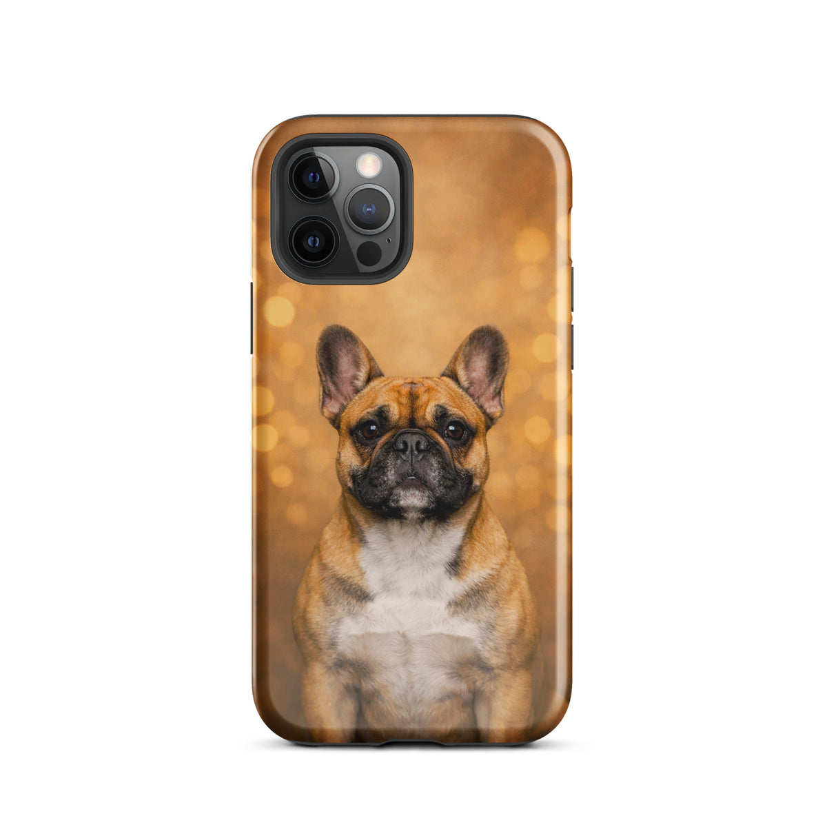 Phone Case for iPhone featuring a French Bulldog portrait with a warm glow background, ideal for dog lovers seeking playful sophistication.