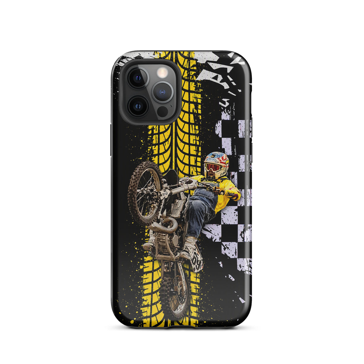 Phone Case for iPhone featuring Ronnie Mac air-wheelie design with black, white, yellow colors and checkered pattern.