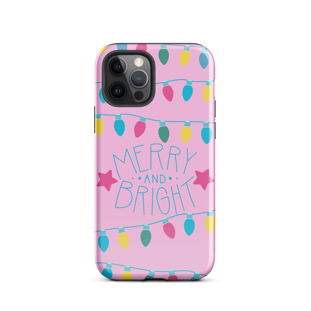 Phone Case for iPhone with Merry and Bright holiday lights design on pink background featuring colorful festive bulbs and stars.