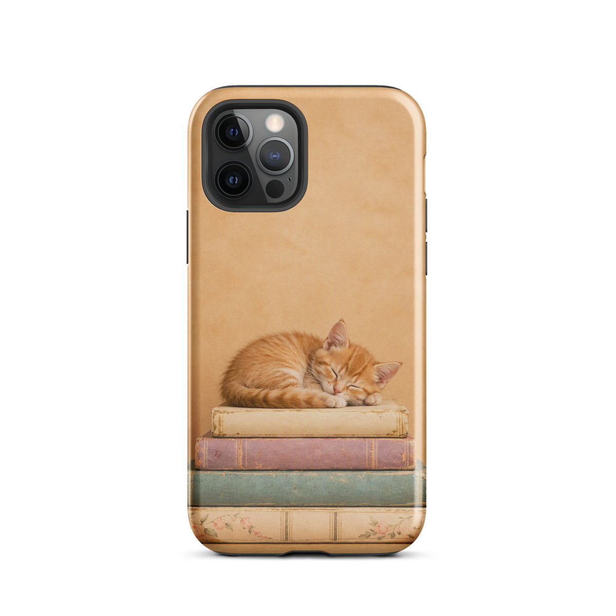Phone Case with sleeping kitten on vintage books illustration for iPhone.