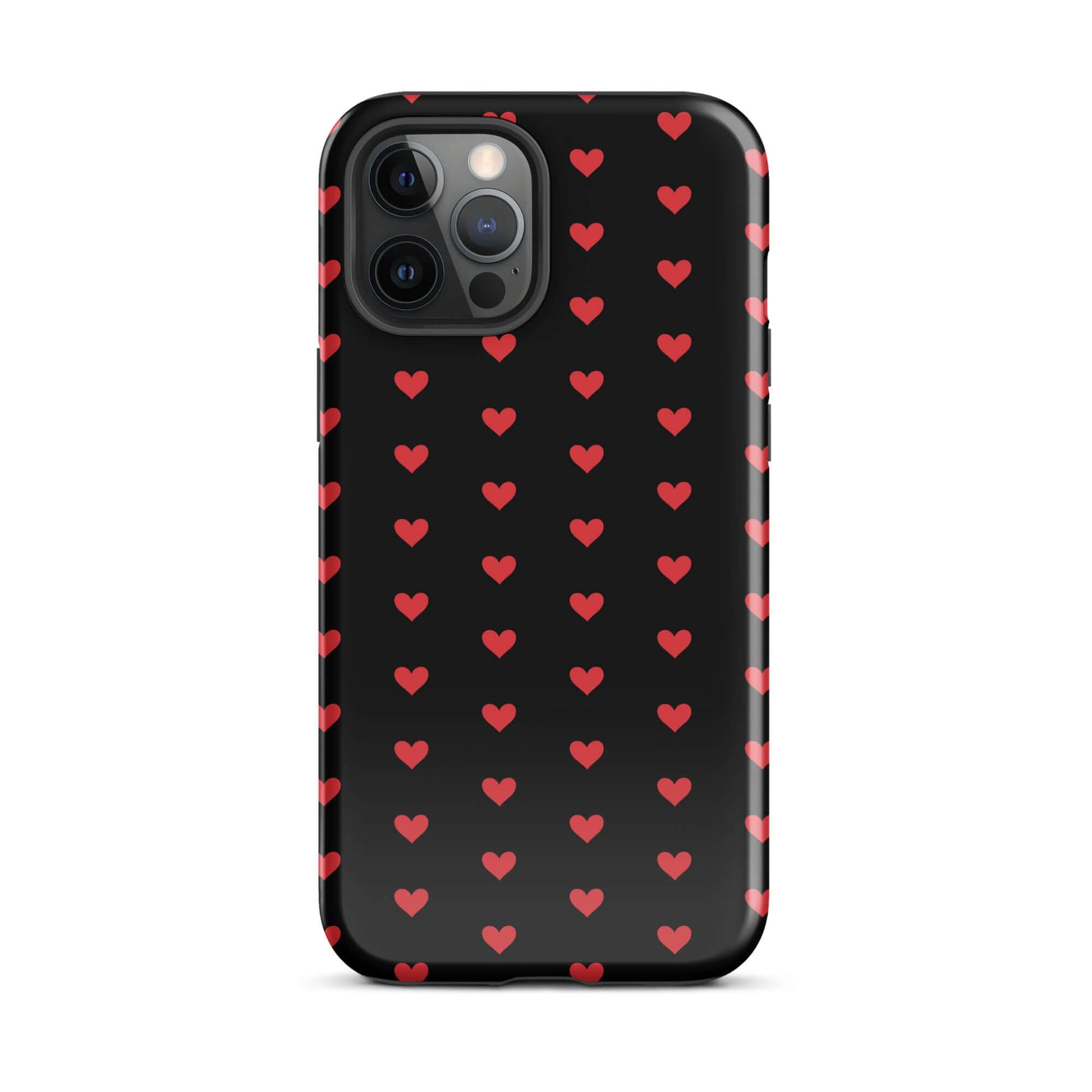 Phone Case for iPhone featuring a design of fiery red hearts on a black background.