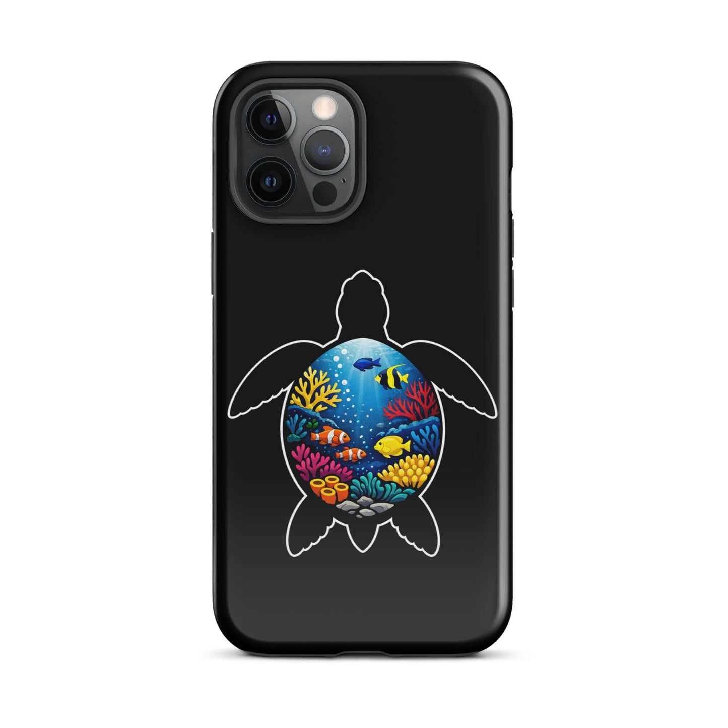 Phone Case featuring a vibrant sea turtle reef design with colorful coral and marine life on a black background.