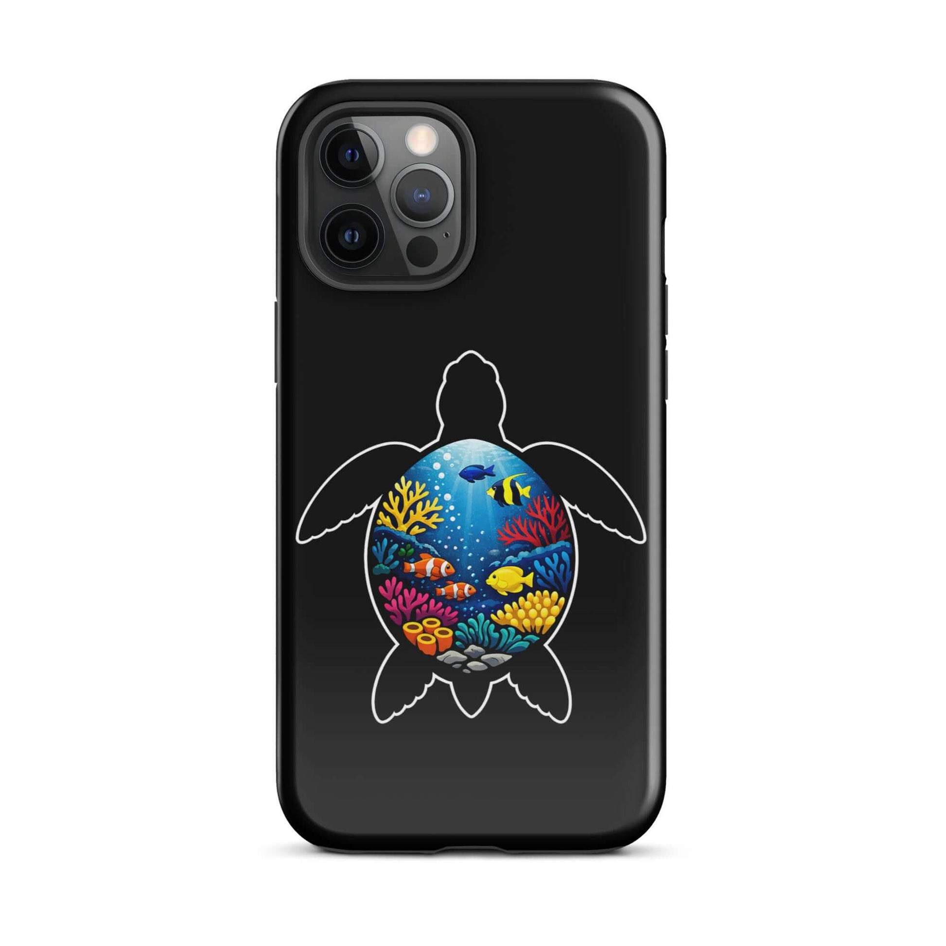Phone Case featuring a vibrant sea turtle reef design with colorful coral and marine life on a black background.