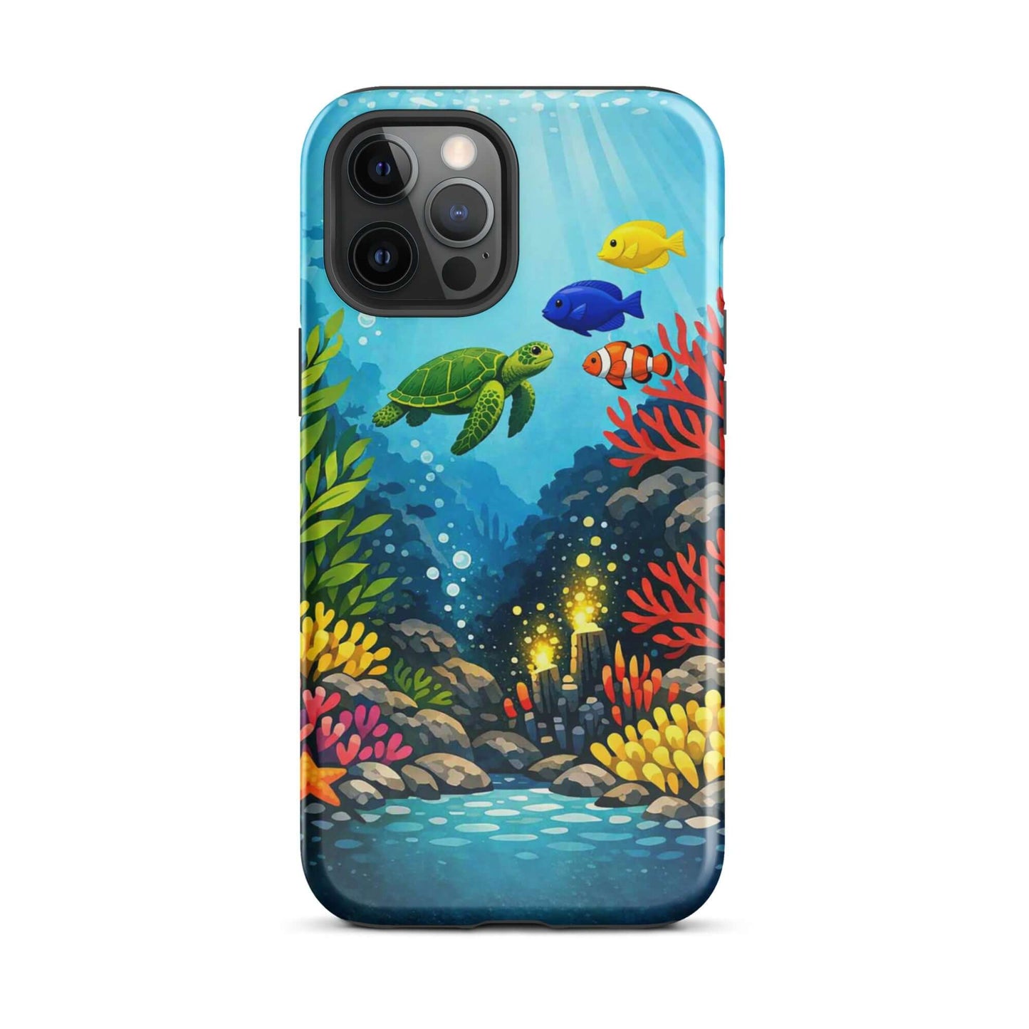 Vibrant phone case for iPhone featuring a sea turtle and coral reef design with tropical fish.
