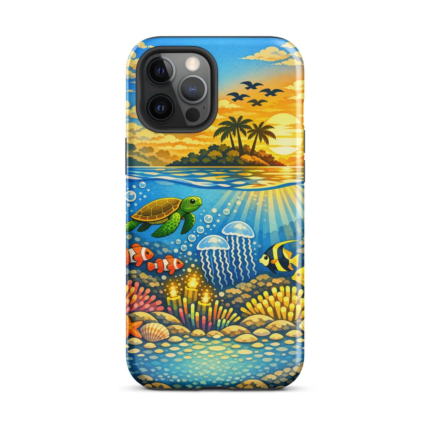 Phone Case featuring vibrant tropical sunset and underwater reef illustration with sea life.