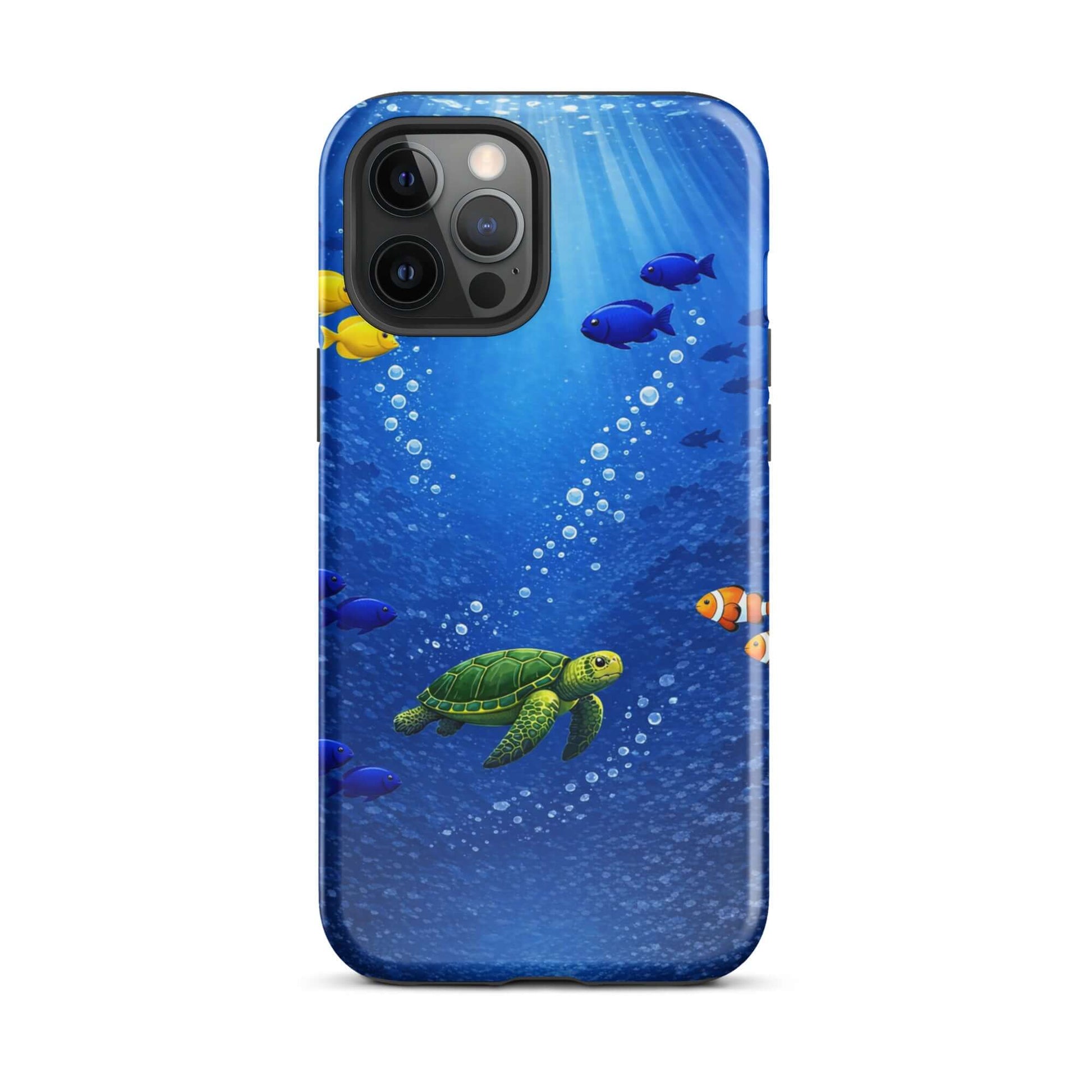 Phone Case featuring a sea turtle design swimming among colorful fish in deep blue water.