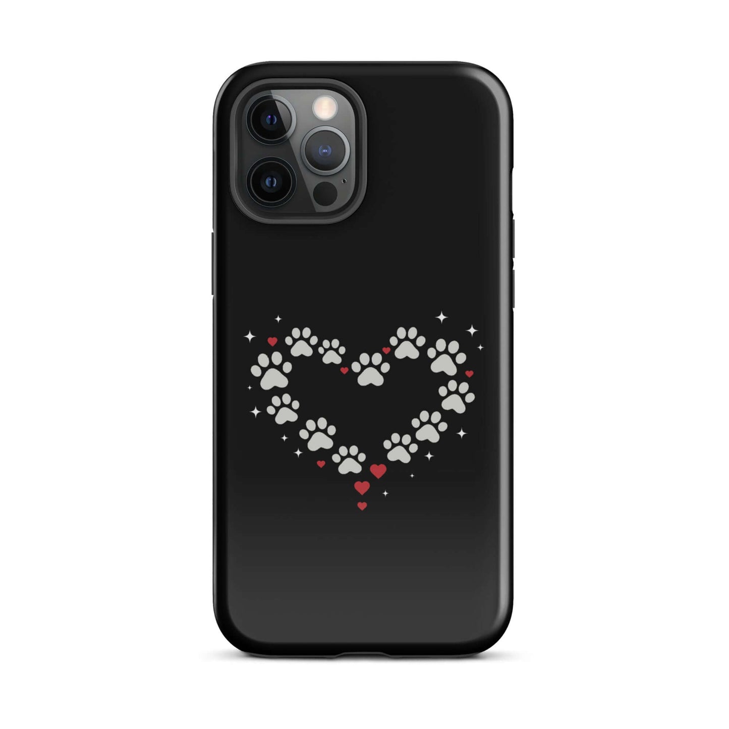 Phone Case featuring a stylish paw-print heart design on a bold black backdrop for pet lovers.