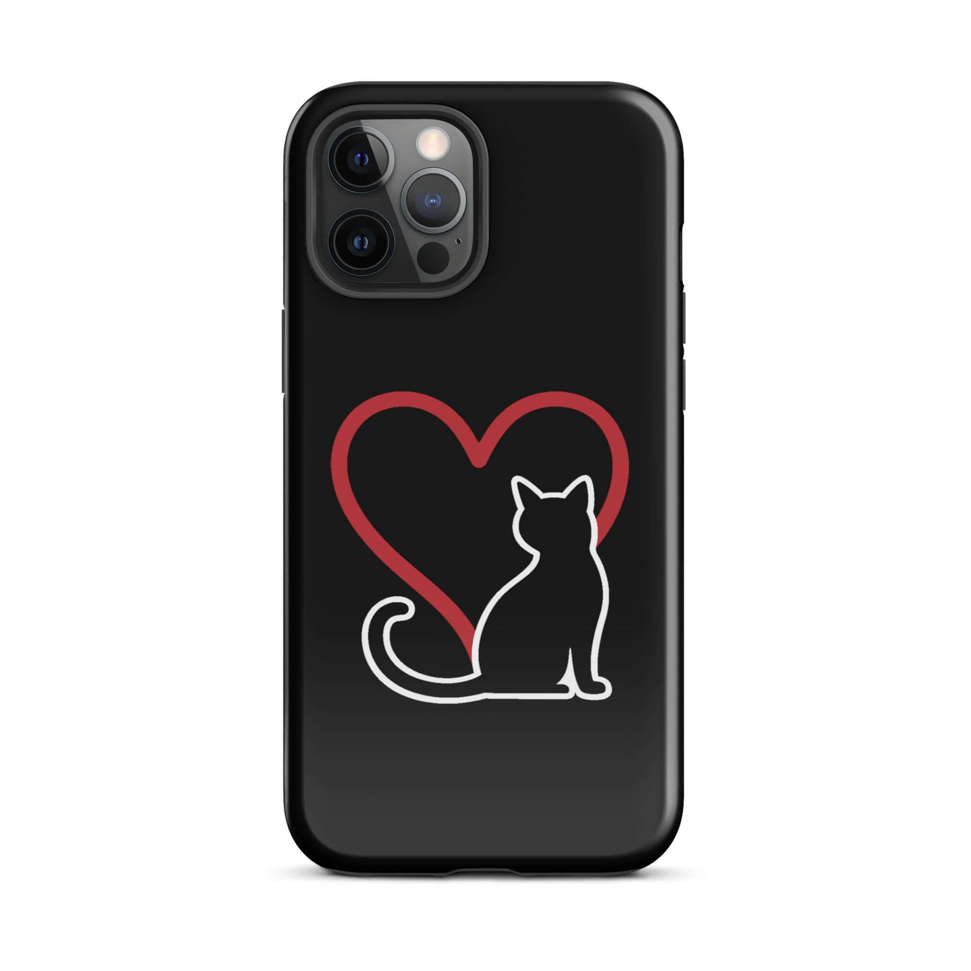 Phone Case for iPhone with a minimalist black cat silhouette and red heart design, perfect for cat lovers.