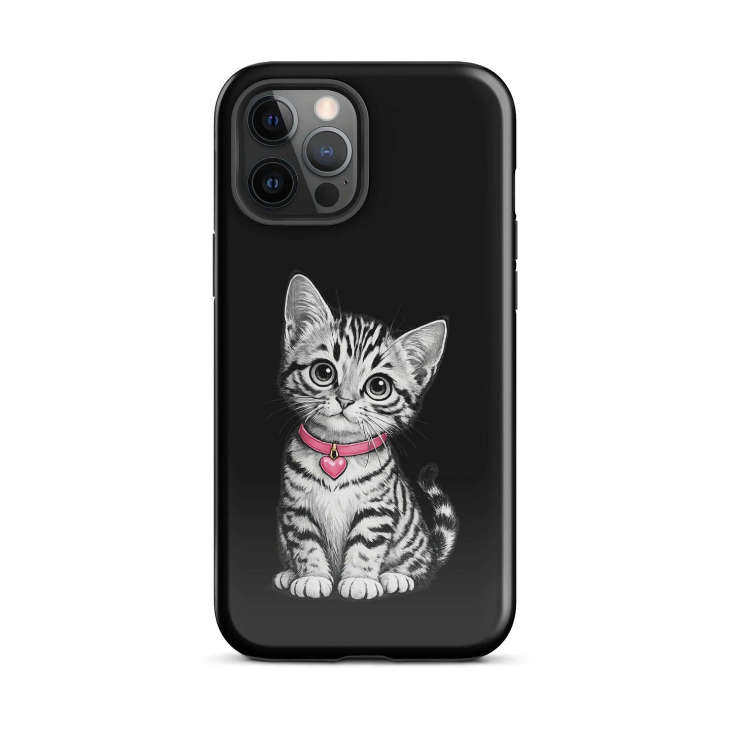 Phone Case for iPhone with pencil sketch kitten, pink collar, heart charm, offering premium protection and artistic charm.