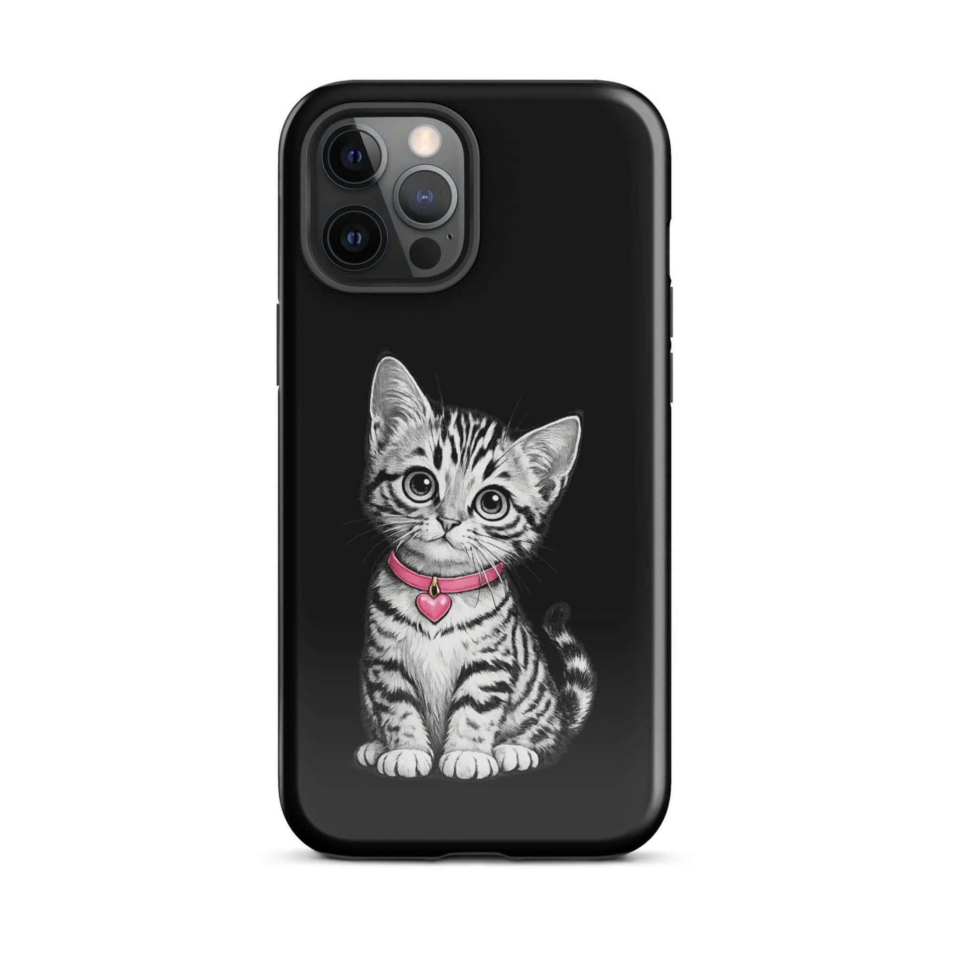 Phone Case for iPhone with pencil sketch kitten, pink collar, heart charm, offering premium protection and artistic charm.