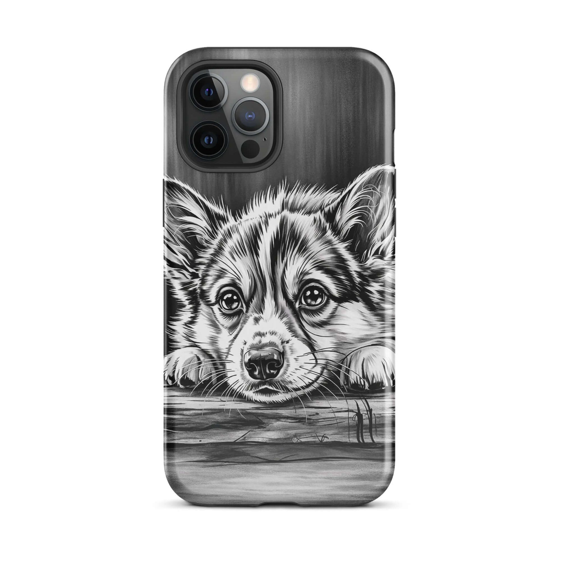 Phone Case featuring black-and-white puppy illustration, elegant design on aged wood background for iPhone, combining art and protection.