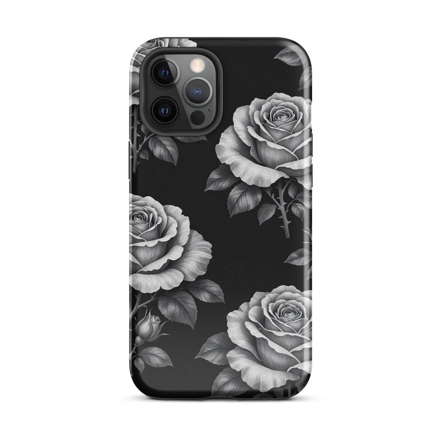 Phone Case for iPhone with rose garden design, featuring hand-sketched roses and leaves on a black background.