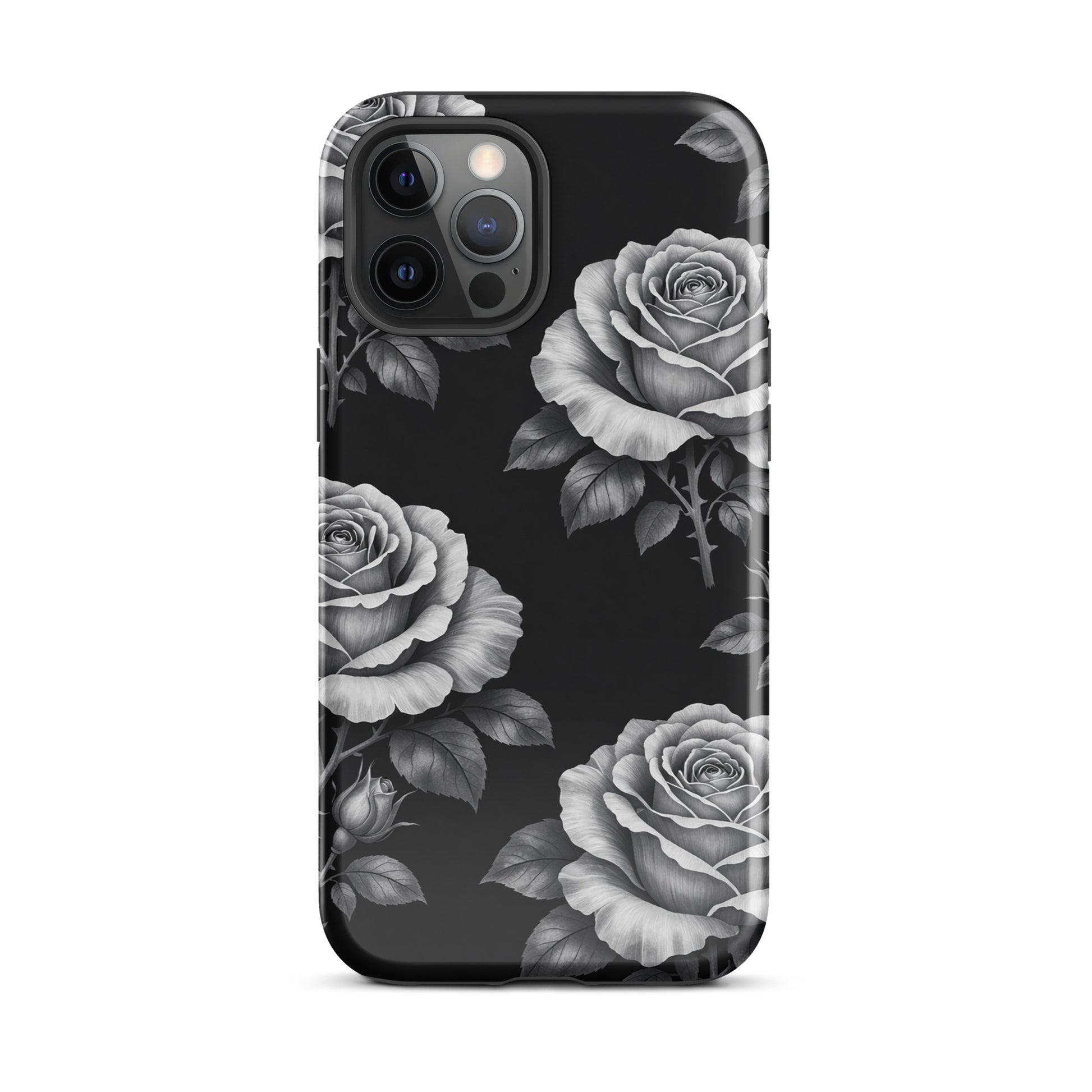 Phone Case for iPhone with rose garden design, featuring hand-sketched roses and leaves on a black background.