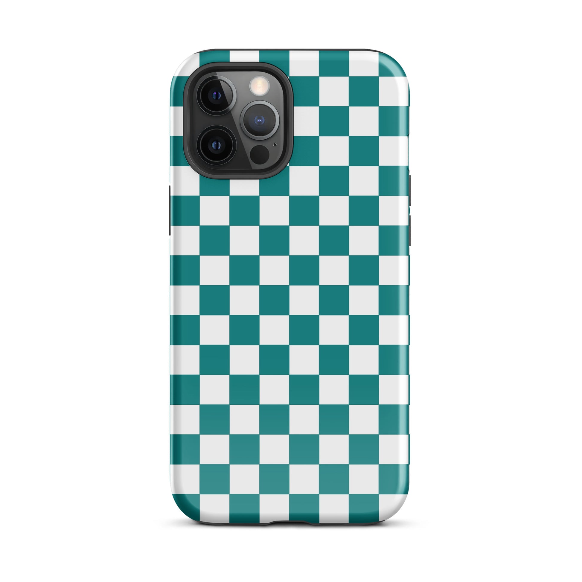 Phone Case with teal and white checkered design for iPhone, featuring bold pattern for a playful and stylish look.