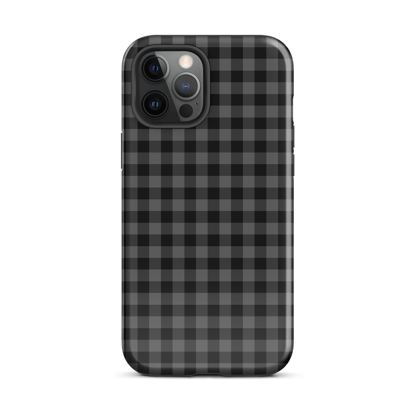 Phone Case with black-and-charcoal gingham pattern for iPhone, chic design combining style and protection.