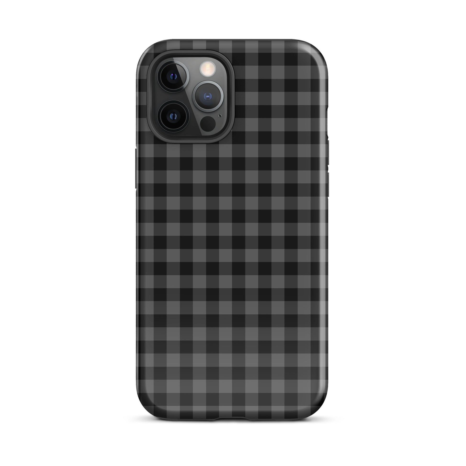 Phone Case with black-and-charcoal gingham pattern for iPhone, chic design combining style and protection.
