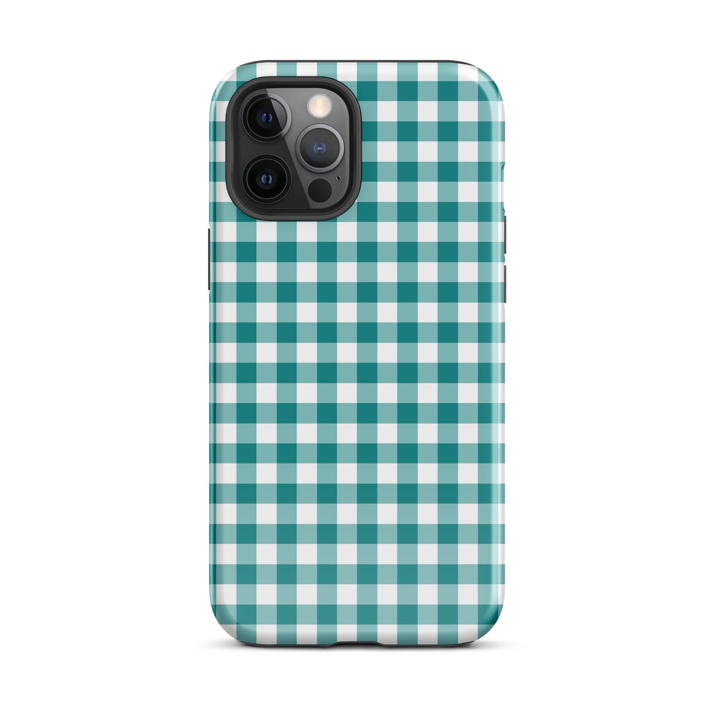 Phone Case with teal-and-white gingham pattern for iPhone, combining style and durability in a chic accessory.