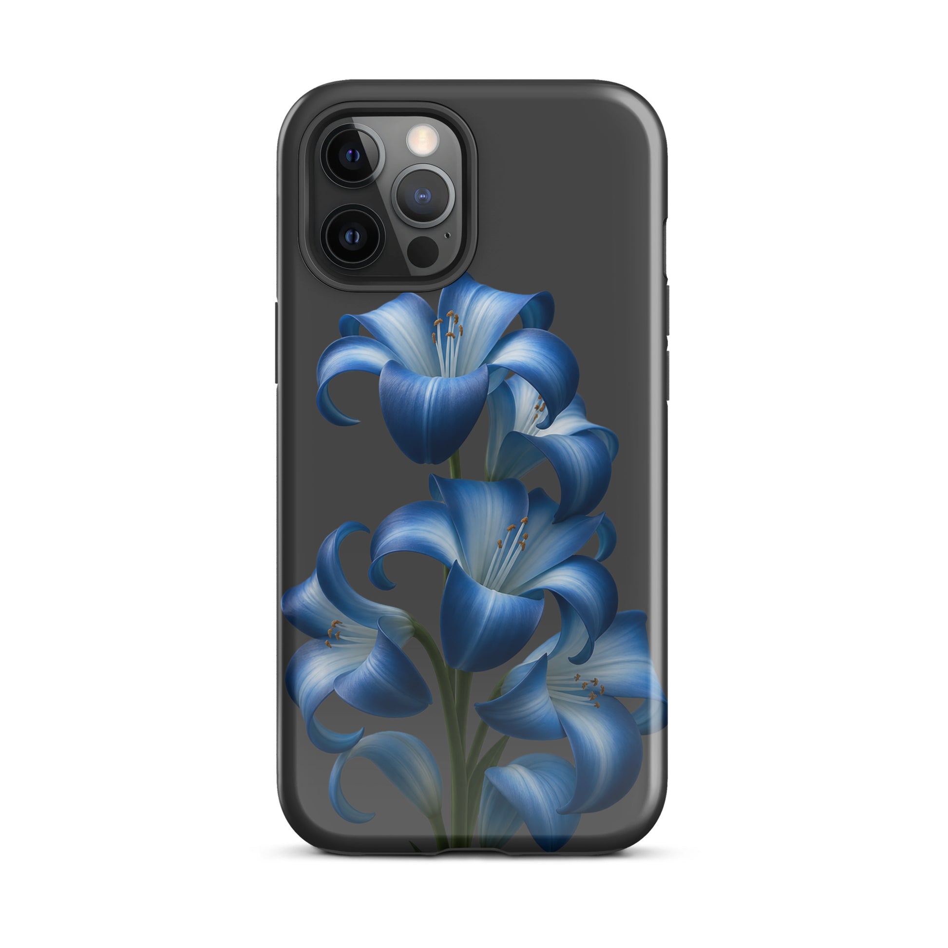 Phone Case for iPhone with Blue Lily Bloom Art on dark background, dual-layer protection.
