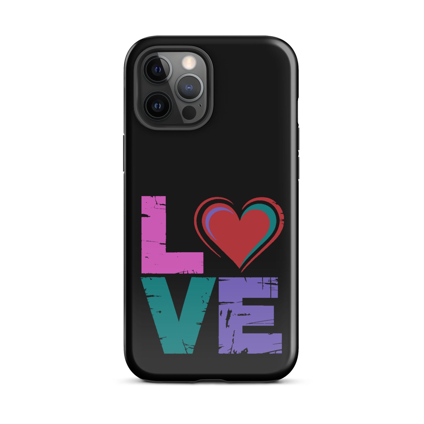 Love Dual Layer Tough Case for iPhones with colorful "LOVE" design and heart replacing "O".