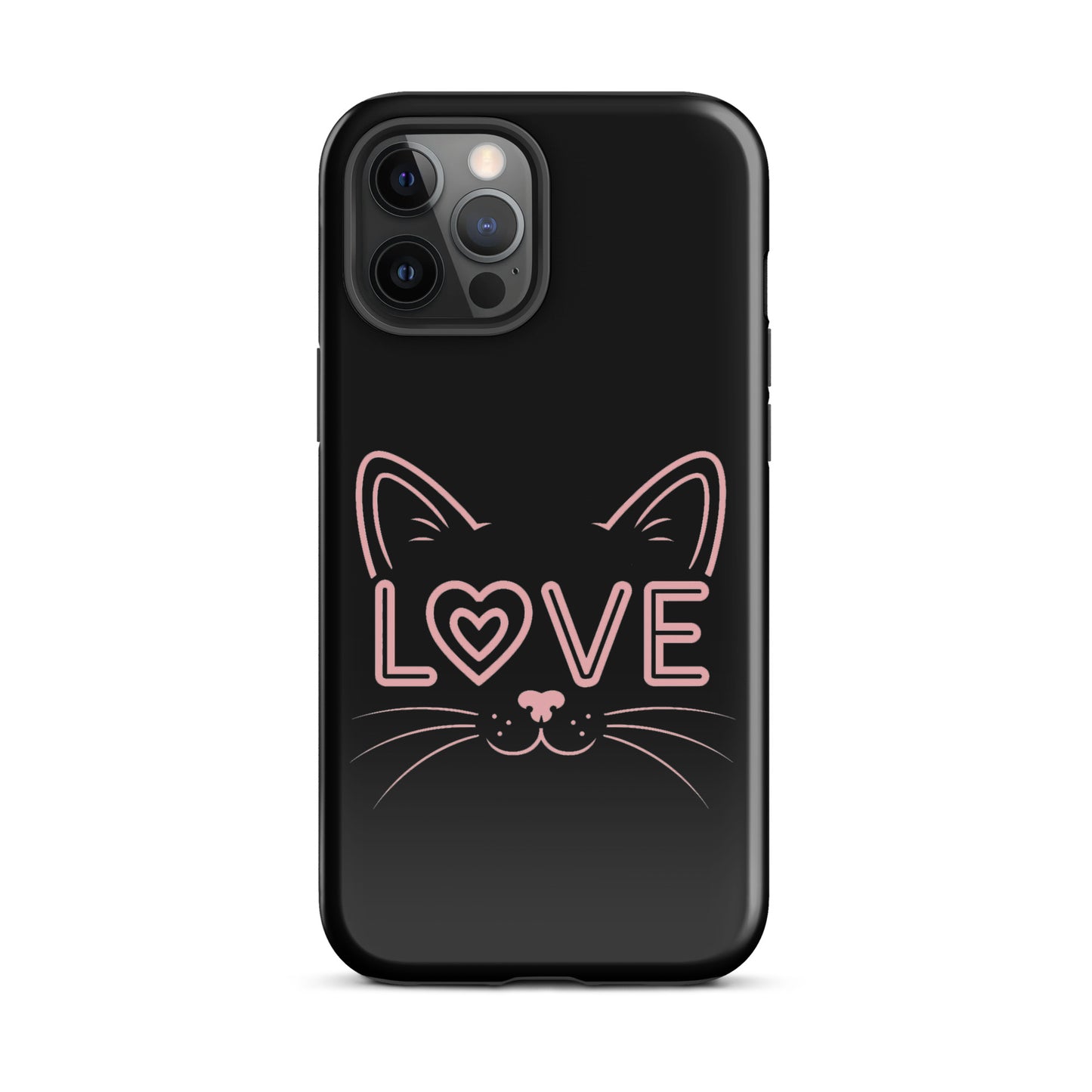 Cat Love phone case for iPhone featuring a minimalist cat face and the word 'love' incorporated into the design.