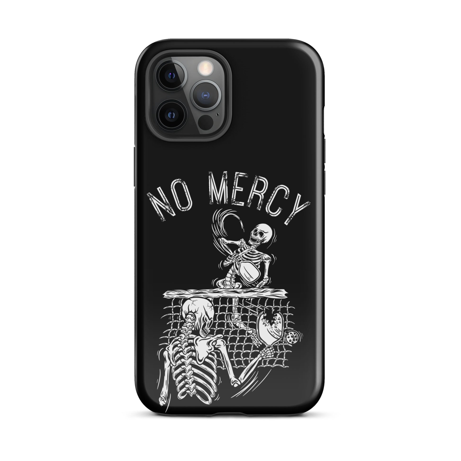 Pickleball iPhone case with "No Mercy" skeleton design, perfect for aggressive players seeking style and strong phone protection.
