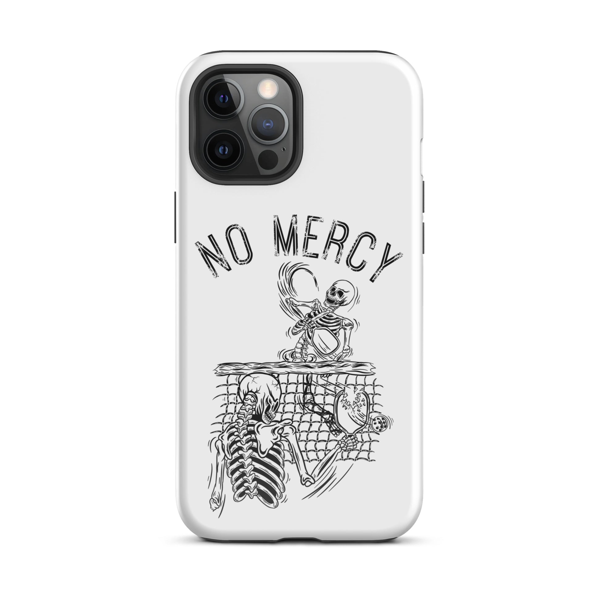 Pickleball iPhone case with 'No Mercy' design featuring skeletons on court, protective cover for aggressive players.