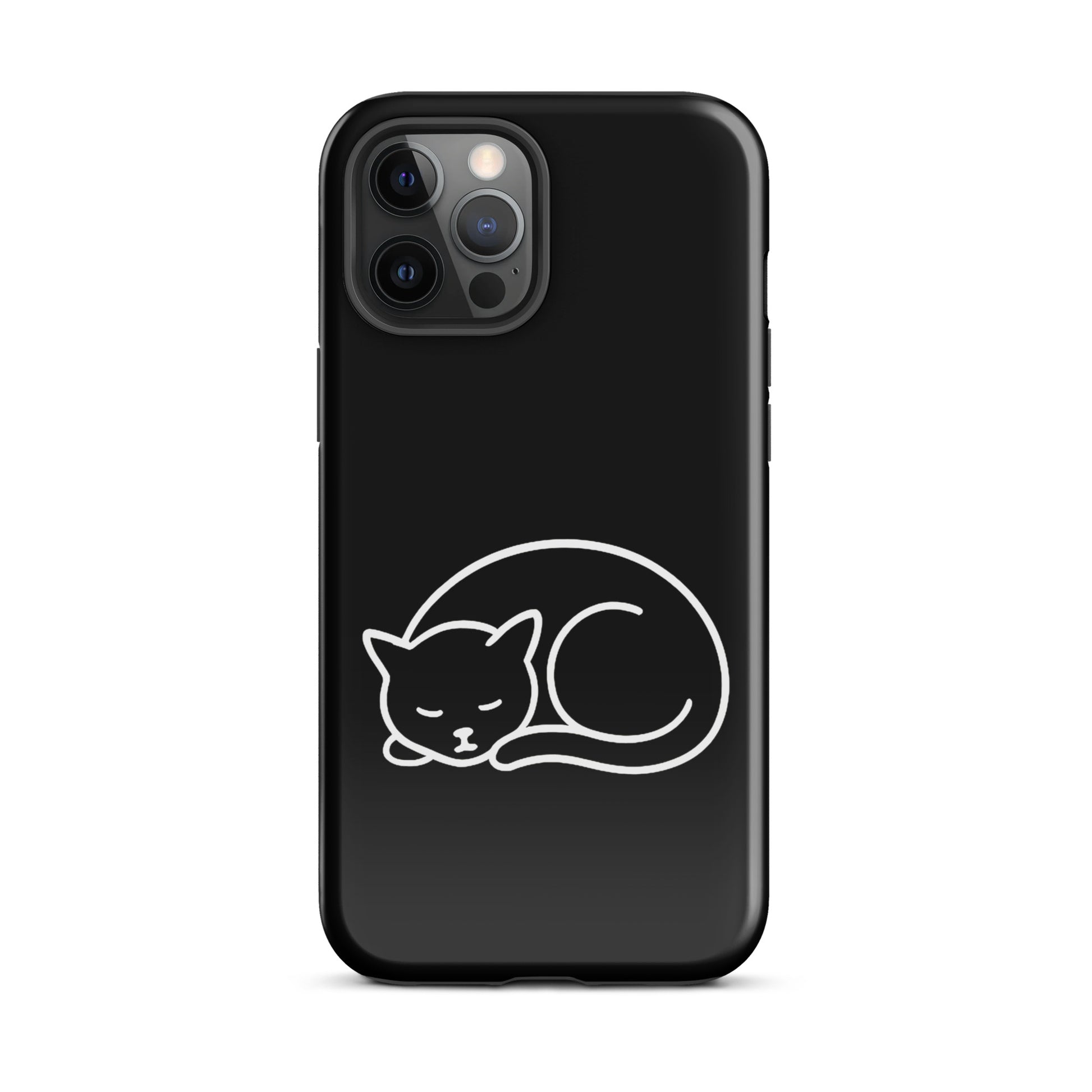 Phone case featuring a minimalist curled-up cat design on a black surface for iPhone, providing dual-layer protection.