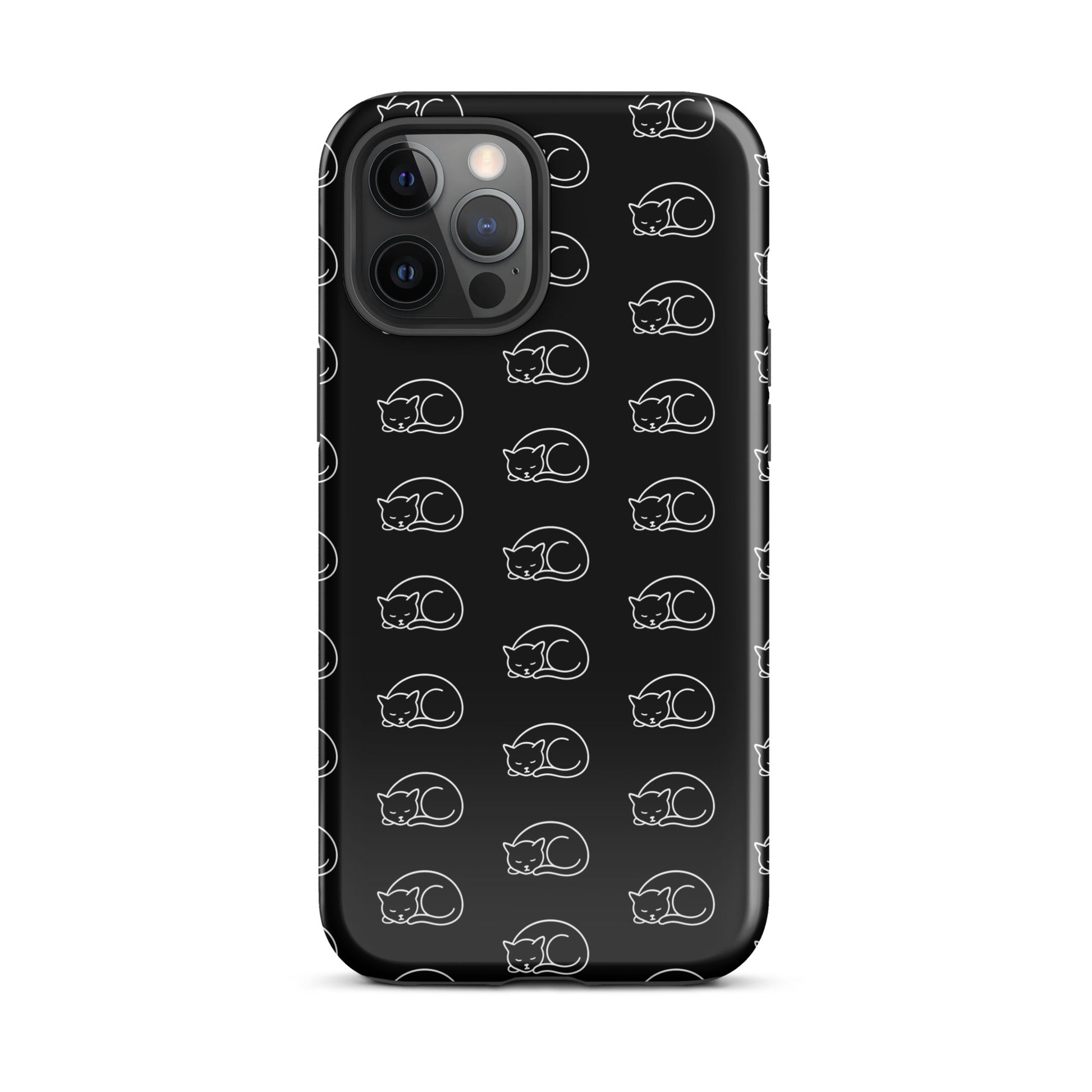 Phone case featuring a curled-up cat pattern, designed for iPhone, perfect for cat lovers seeking stylish protection.
